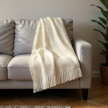 55" X 70" Linen And White Cotton Blend Herringbone Throw Blanket with Fringe HomeRoots