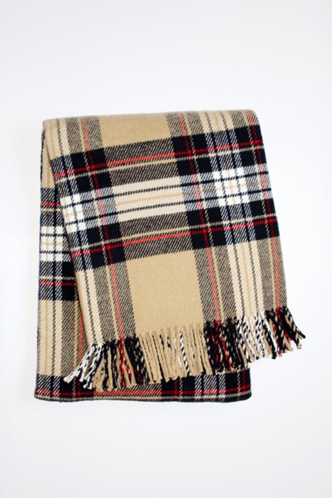 55" X 70" Camel Black Red And White Cotton Blend Plaid Throw Blanket with Fringe HomeRoots