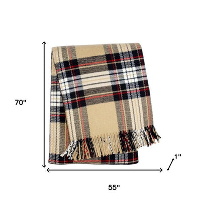 55" X 70" Camel Black Red And White Cotton Blend Plaid Throw Blanket with Fringe HomeRoots