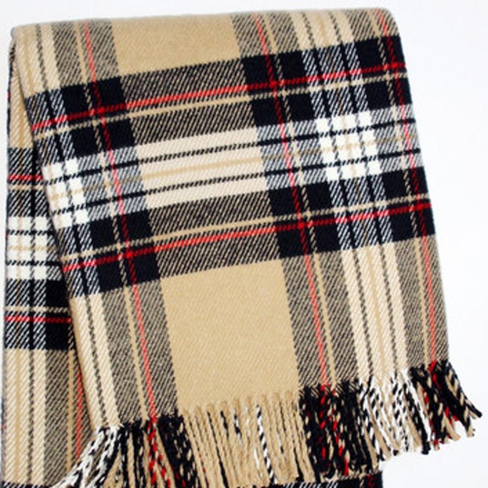 55" X 70" Camel Black Red And White Cotton Blend Plaid Throw Blanket with Fringe HomeRoots