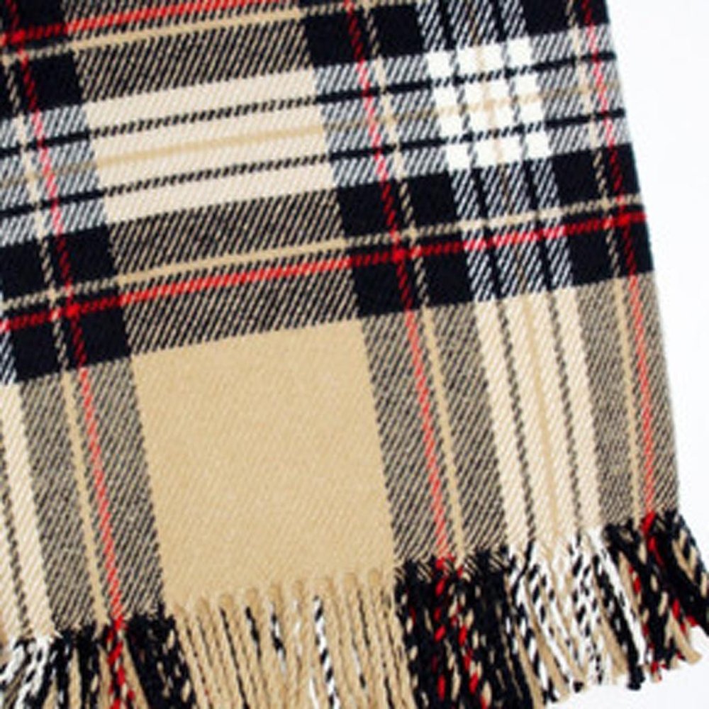 55" X 70" Camel Black Red And White Cotton Blend Plaid Throw Blanket with Fringe HomeRoots
