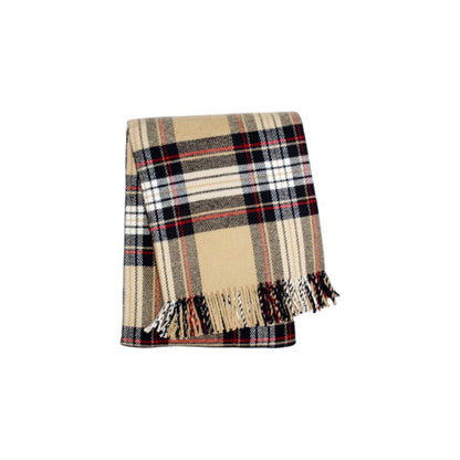 55" X 70" Camel Black Red And White Cotton Blend Plaid Throw Blanket with Fringe HomeRoots