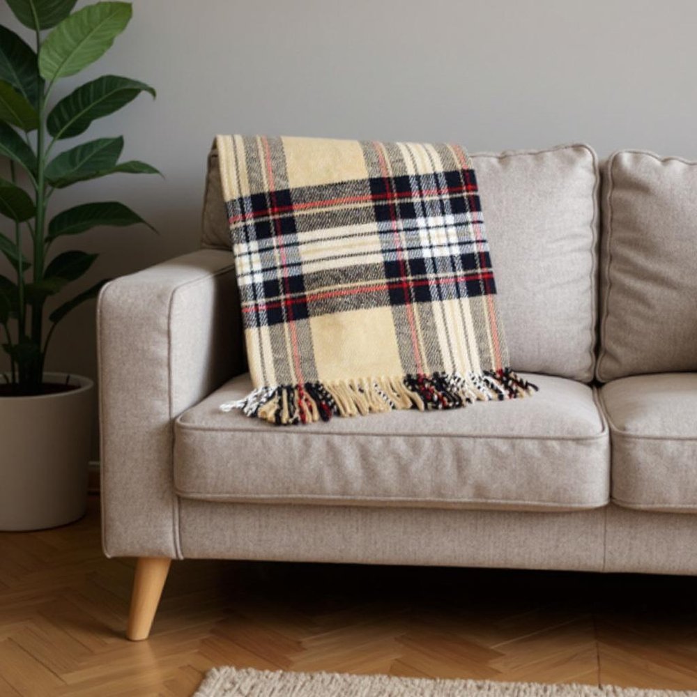 55" X 70" Camel Black Red And White Cotton Blend Plaid Throw Blanket with Fringe HomeRoots