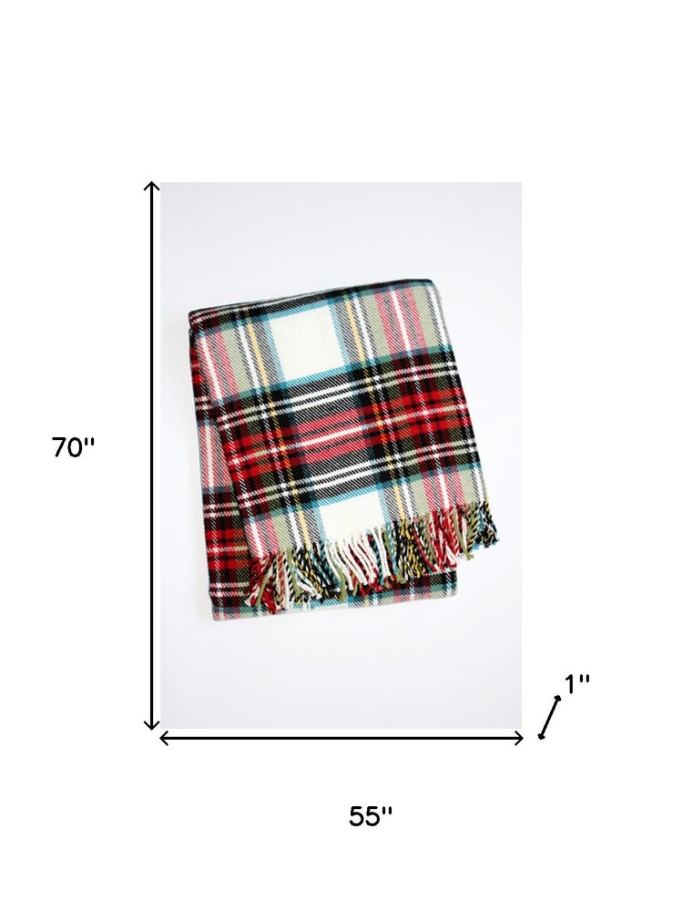 55" X 70" Black Red And White Plaid Cotton Blend Plush Throw Blanket with Fringe HomeRoots