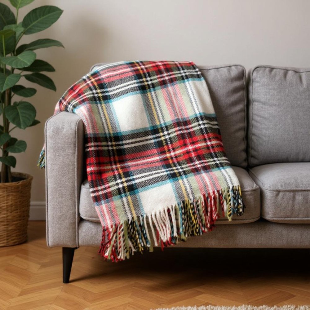 55" X 70" Black Red And White Plaid Cotton Blend Plush Throw Blanket with Fringe HomeRoots