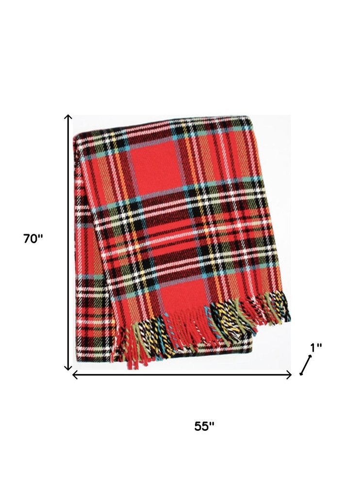 55" X 70" Red Black And White Plaid Cotton Blend Plaid Throw Blanket with Fringe HomeRoots