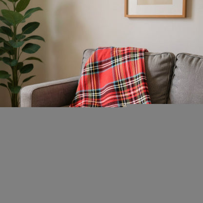 55" X 70" Red Black And White Plaid Cotton Blend Plaid Throw Blanket with Fringe HomeRoots