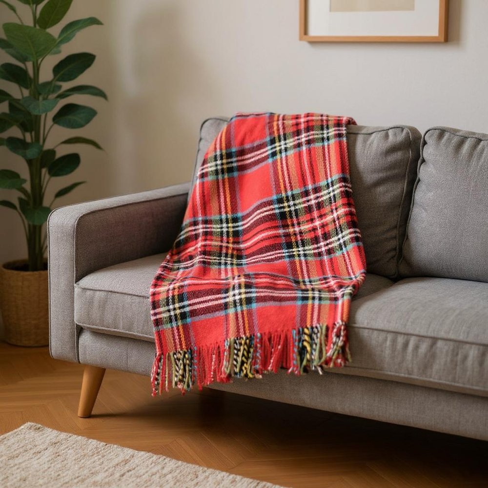 55" X 70" Red Black And White Plaid Cotton Blend Plaid Throw Blanket with Fringe HomeRoots