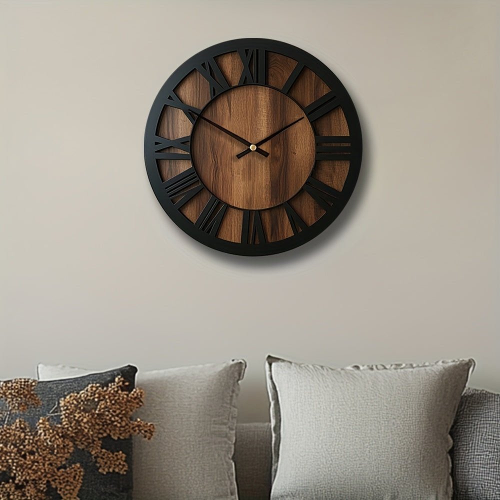 14" Black And Brown Solid Wood Silent Analog Round Wall Clock HomeRoots