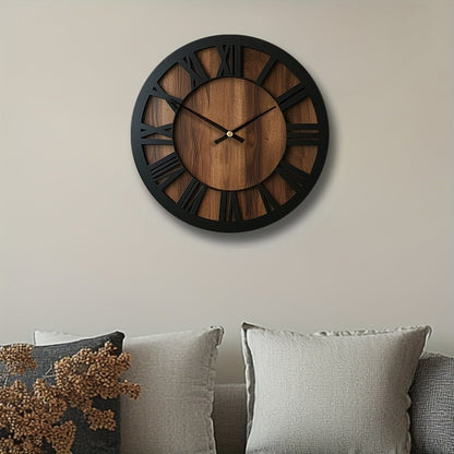 14" Black And Brown Solid Wood Silent Analog Round Wall Clock HomeRoots
