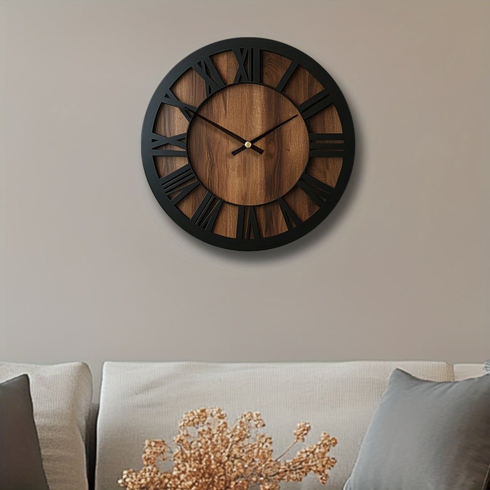 14" Black And Brown Solid Wood Silent Analog Round Wall Clock HomeRoots