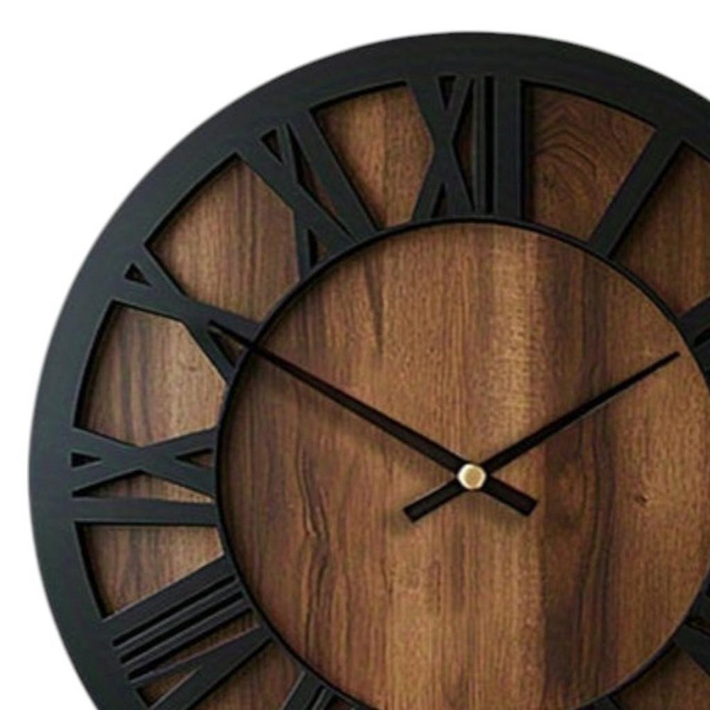 14" Black And Brown Solid Wood Silent Analog Round Wall Clock HomeRoots