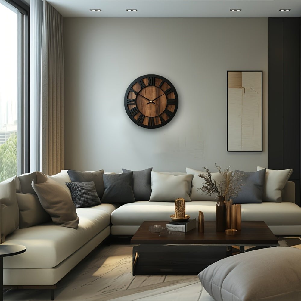 14" Black And Brown Solid Wood Silent Analog Round Wall Clock HomeRoots
