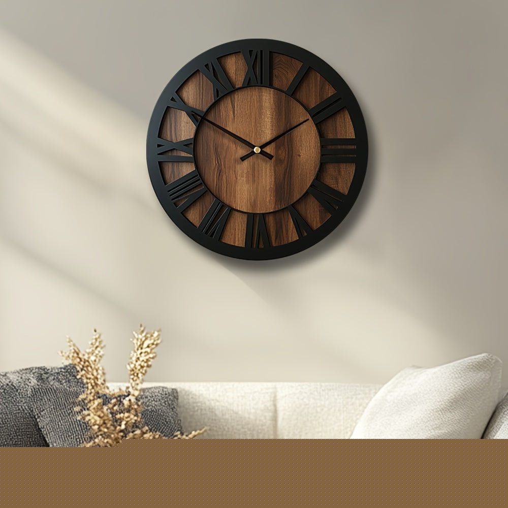 14" Black And Brown Solid Wood Silent Analog Round Wall Clock HomeRoots