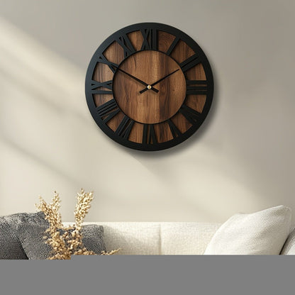14" Black And Brown Solid Wood Silent Analog Round Wall Clock HomeRoots
