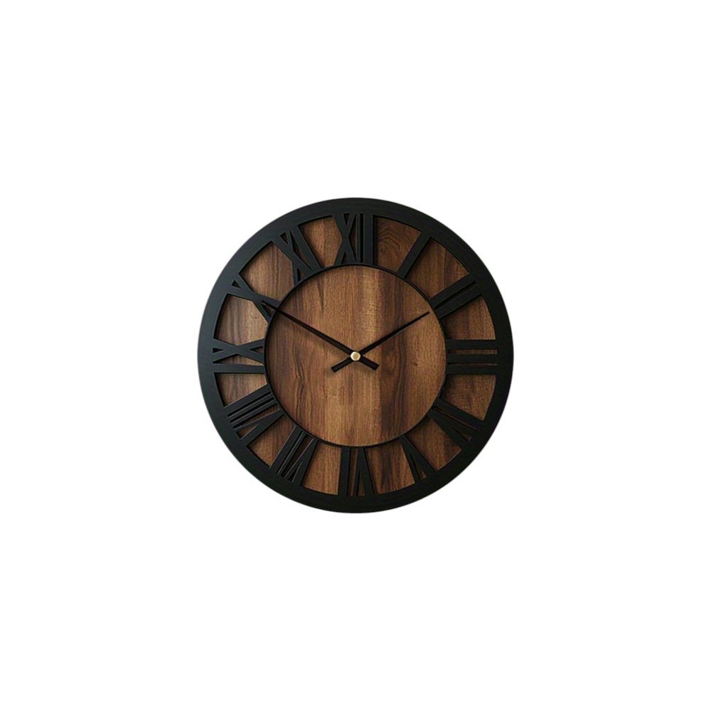 14" Black And Brown Solid Wood Silent Analog Round Wall Clock HomeRoots