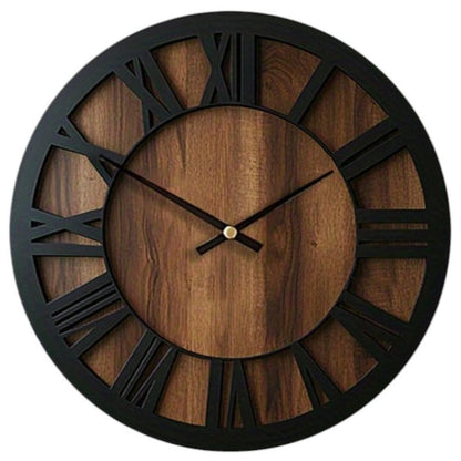 14" Black And Brown Solid Wood Silent Analog Round Wall Clock HomeRoots