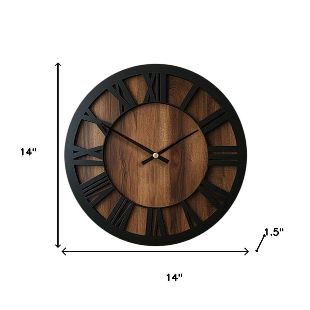 14" Black And Brown Solid Wood Silent Analog Round Wall Clock HomeRoots