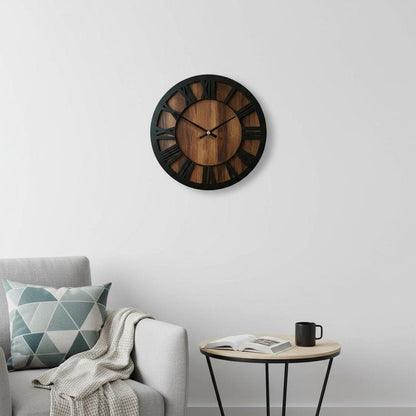 14" Black And Brown Solid Wood Silent Analog Round Wall Clock HomeRoots