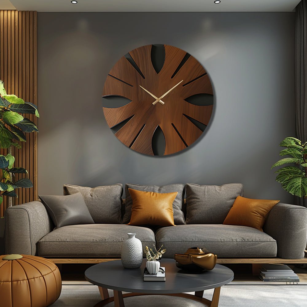14" Brown Solid Wood Silent Analog Abstract Round Wall Clock HomeRoots
