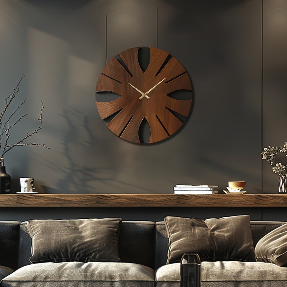 14" Brown Solid Wood Silent Analog Abstract Round Wall Clock HomeRoots