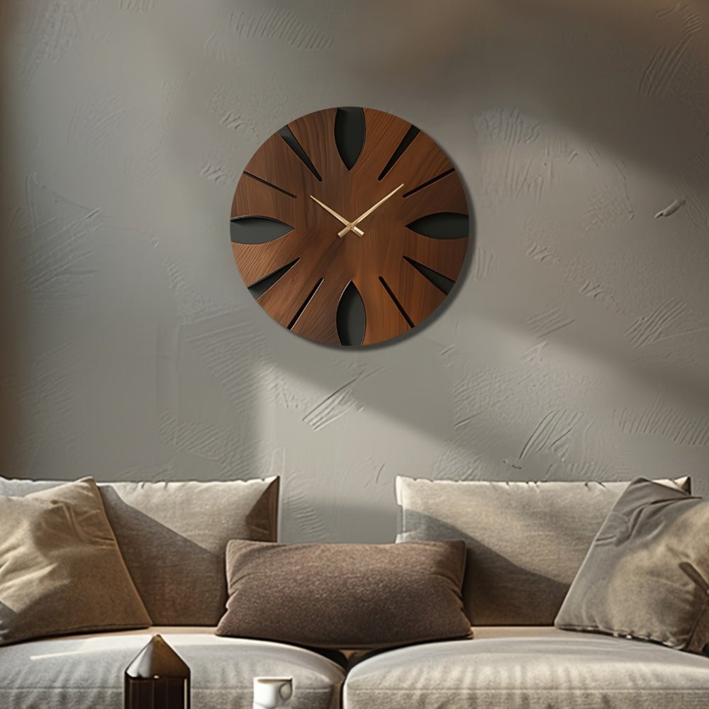 14" Brown Solid Wood Silent Analog Abstract Round Wall Clock HomeRoots