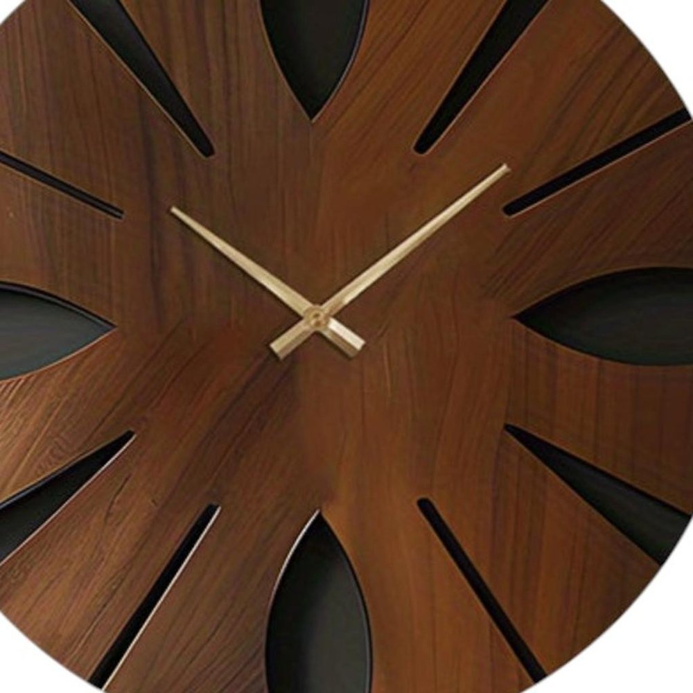 14" Brown Solid Wood Silent Analog Abstract Round Wall Clock HomeRoots