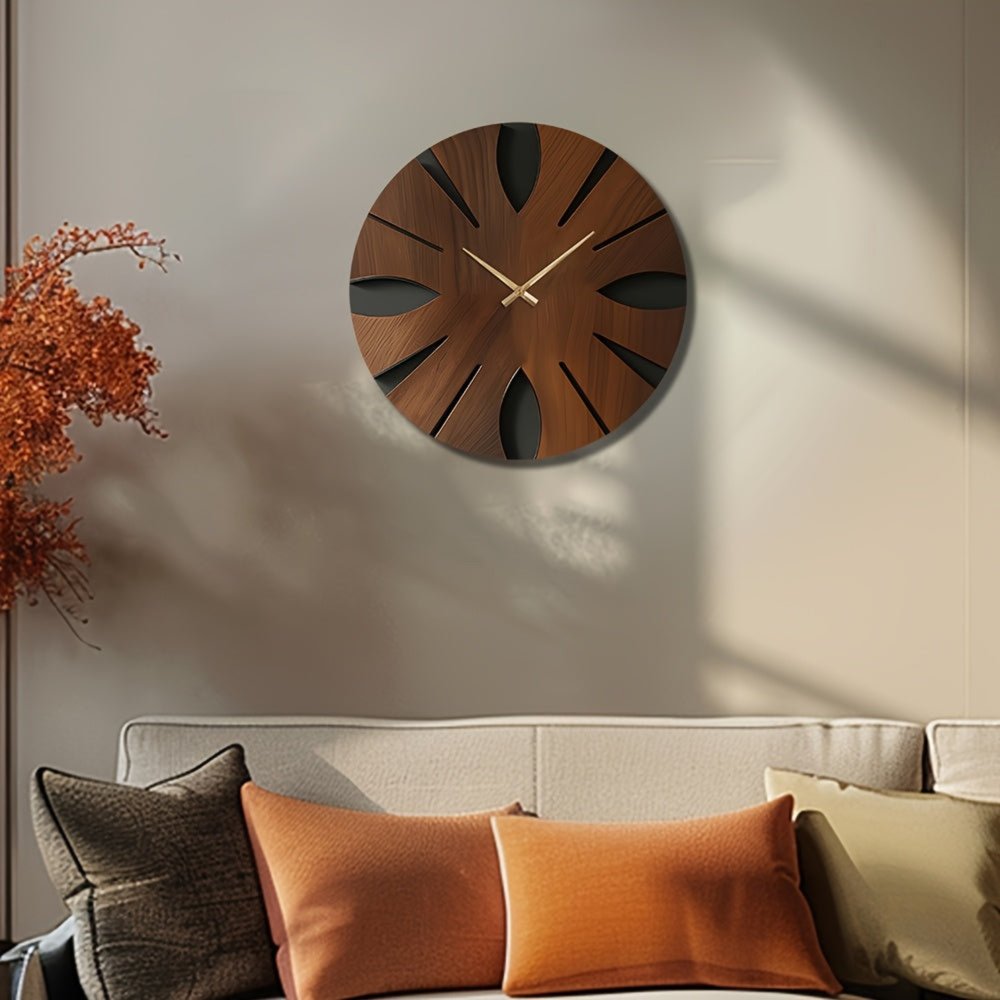 14" Brown Solid Wood Silent Analog Abstract Round Wall Clock HomeRoots