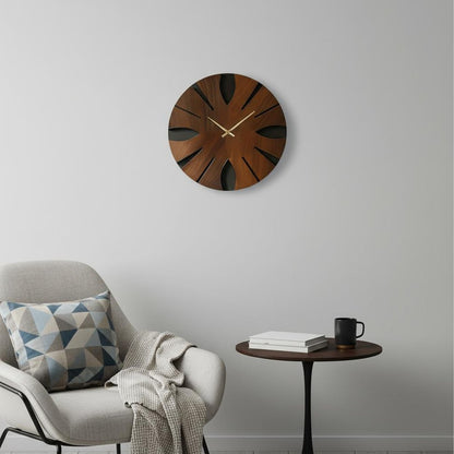 14" Brown Solid Wood Silent Analog Abstract Round Wall Clock HomeRoots