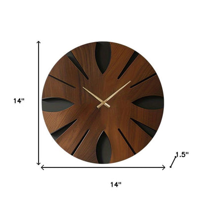 14" Brown Solid Wood Silent Analog Abstract Round Wall Clock HomeRoots