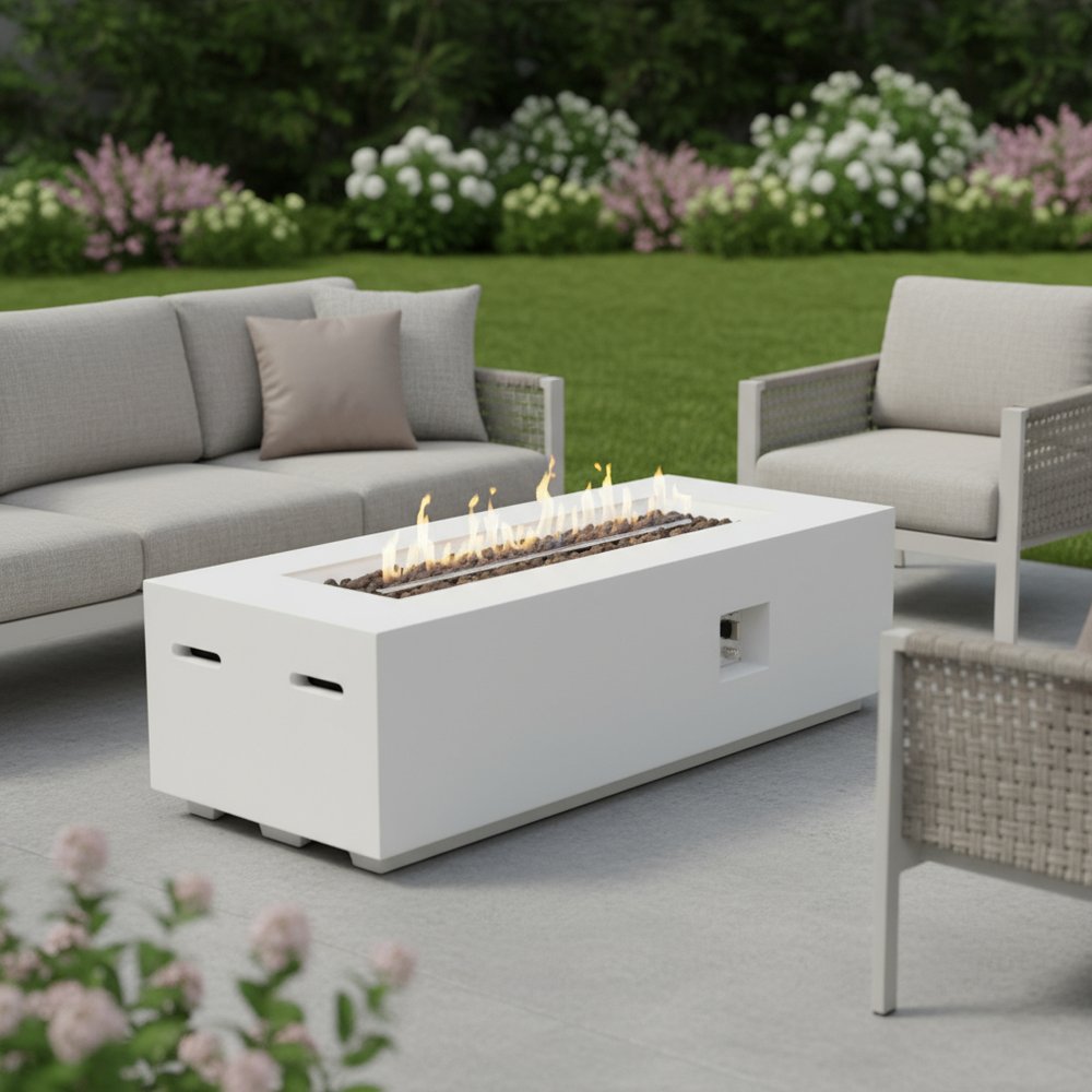 60000 BTU 60" White Magnesium Oxide Propane Rectangular Fire Pit With Cover HomeRoots
