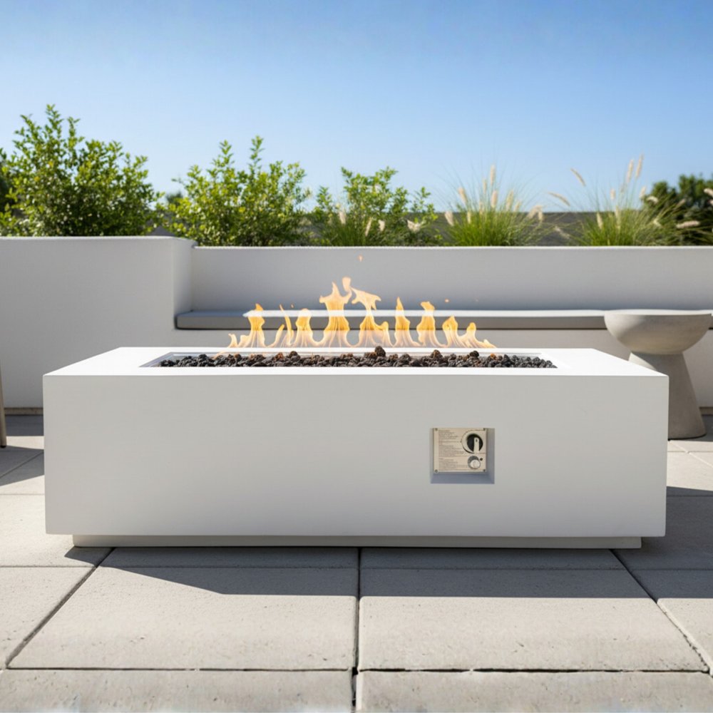 60000 BTU 60" White Magnesium Oxide Propane Rectangular Fire Pit With Cover HomeRoots