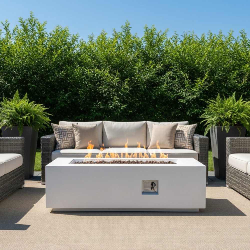 60000 BTU 60" White Magnesium Oxide Propane Rectangular Fire Pit With Cover HomeRoots