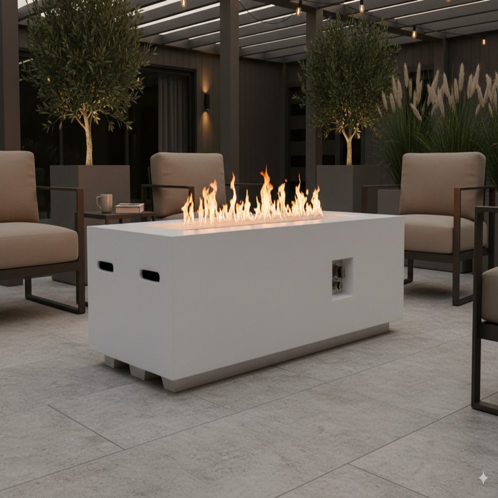 60000 BTU 60" White Magnesium Oxide Propane Rectangular Fire Pit With Cover HomeRoots