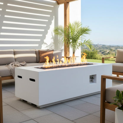 60000 BTU 60" White Magnesium Oxide Propane Rectangular Fire Pit With Cover HomeRoots