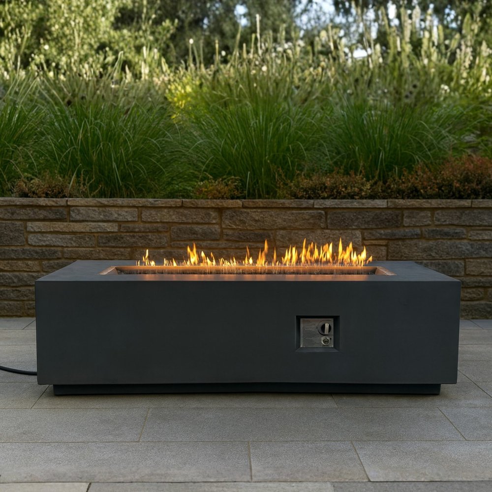 60000 BTU 60" Black Magnesium Oxide Propane Rectangular Fire Pit With Cover HomeRoots