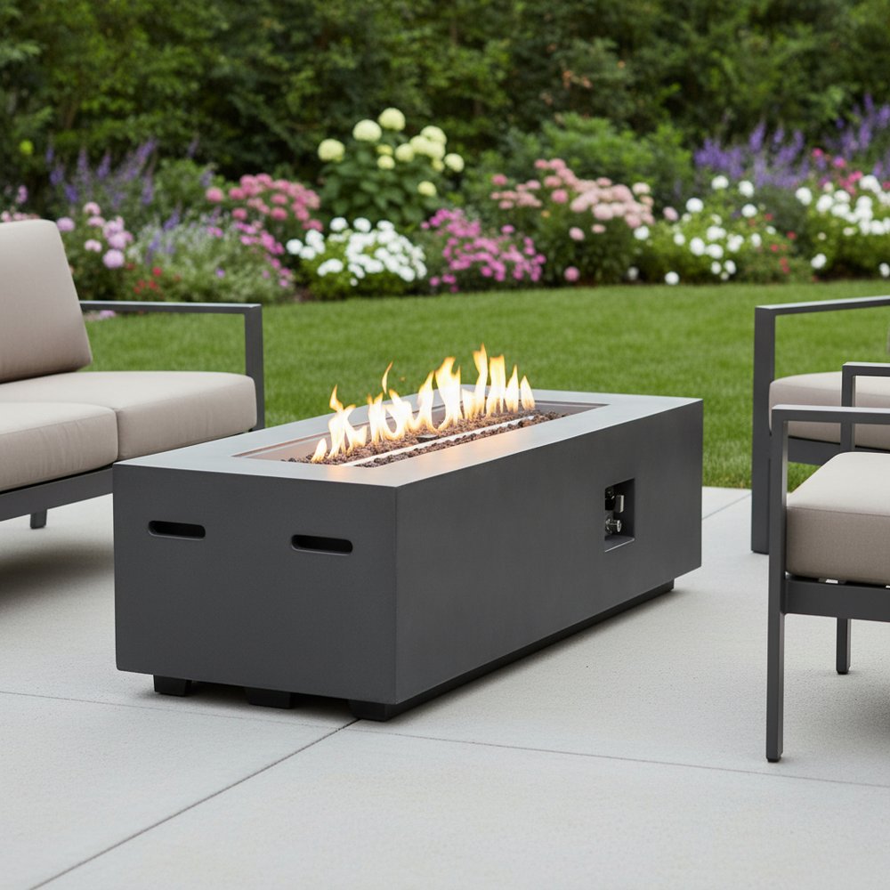 60000 BTU 60" Black Magnesium Oxide Propane Rectangular Fire Pit With Cover HomeRoots