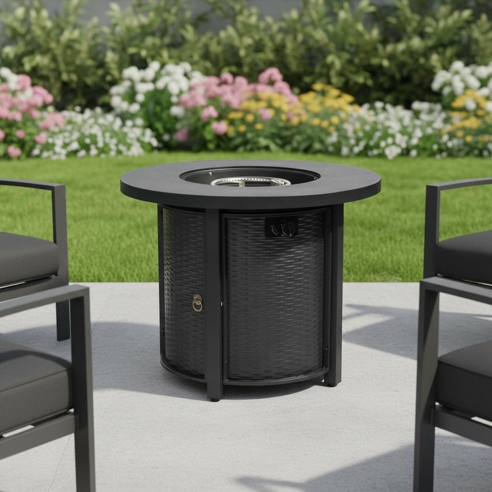 50000 BTU 30" Black Steel Propane Round Fire Pit HomeRoots