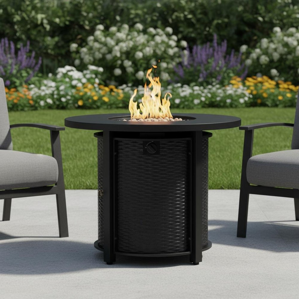 50000 BTU 32" Black Steel Propane Round Fire Pit HomeRoots