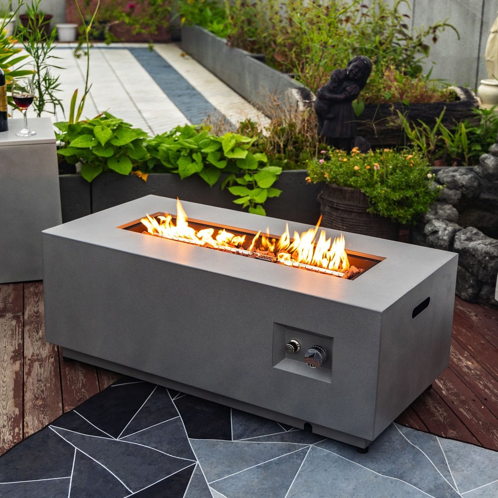 50000 BTU 42" Gray Steel Propane Rectangular Fire Pit With Cover HomeRoots