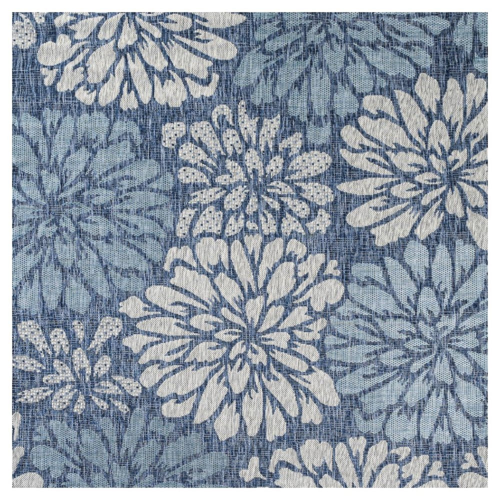 5' Navy Blue And Aqua Square Floral Indoor Outdoor Area Rug