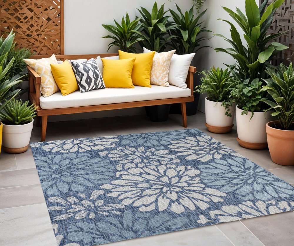 5' Navy Blue And Aqua Square Floral Indoor Outdoor Area Rug — view 6