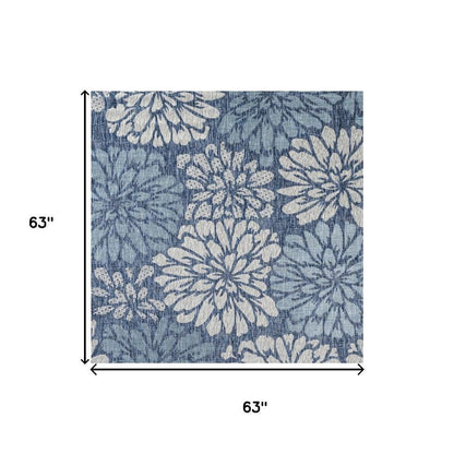 5' Navy Blue And Aqua Square Floral Indoor Outdoor Area Rug HomeRoots
