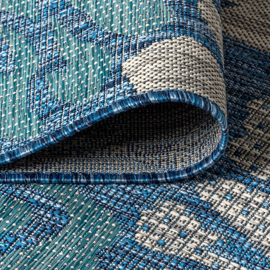 5' Navy Blue And Aqua Square Floral Indoor Outdoor Area Rug