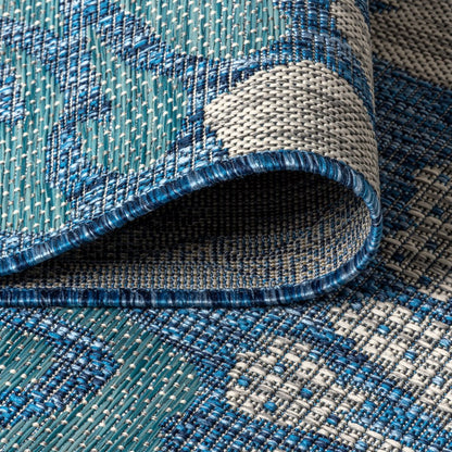 5' Navy Blue And Aqua Square Floral Indoor Outdoor Area Rug HomeRoots