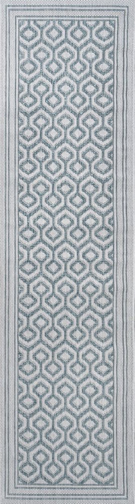 10' Teal Blue And Gray Moroccan Indoor Outdoor Runner Rug — view 1