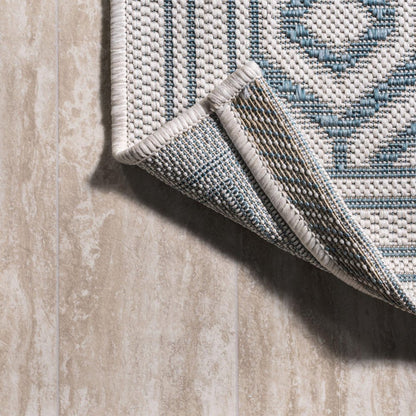 10' Teal Blue And Gray Moroccan Indoor Outdoor Runner Rug HomeRoots
