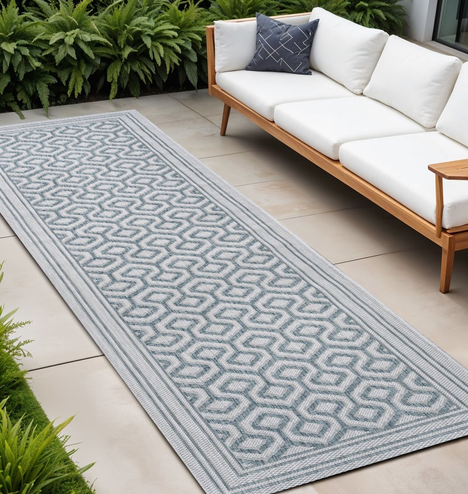 8' Teal Blue And Gray Moroccan Indoor Outdoor Runner Rug — view 7