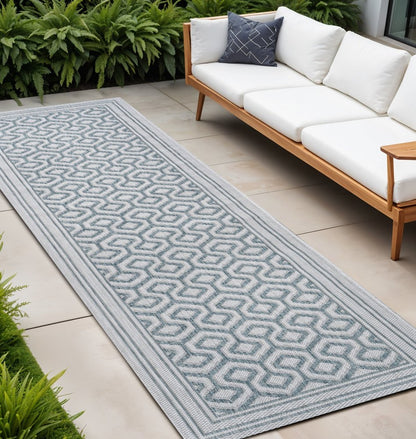8' Teal Blue And Gray Moroccan Indoor Outdoor Runner Rug HomeRoots