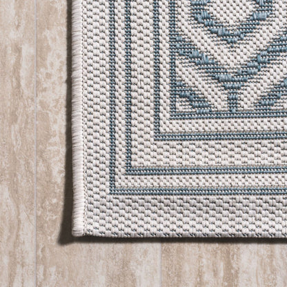 8' Teal Blue And Gray Moroccan Indoor Outdoor Runner Rug